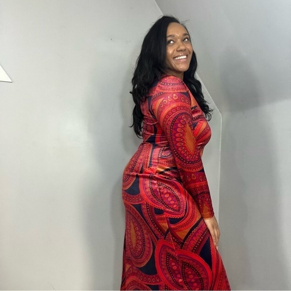 Tyler Boe orange velvet paisley print Dana midi dress bodycon long sleeve boho - Picture 4 of 13